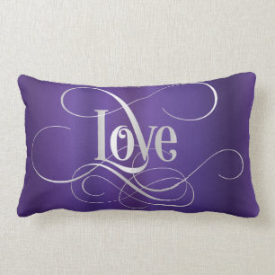 Swirly Script Calligraphy Love Silver on Purple Lumbar Pillow