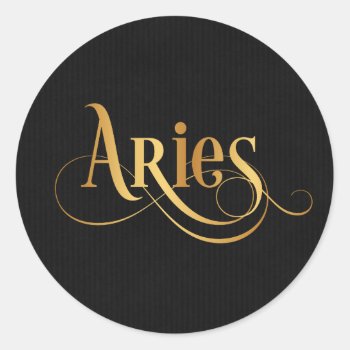 Swirly Script Zodiac Sign Aries Gold On Black Classic Round Sticker by Hakonart at Zazzle