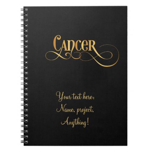 Swirly Script Zodiac Sign Cancer Gold on Black Notebook