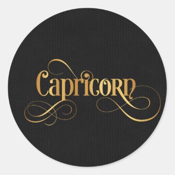 Swirly Script Zodiac Sign Capricorn Gold On Black Classic Round Sticker by Hakonart at Zazzle