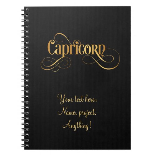 Swirly Script Zodiac Sign Capricorn Gold on Black Notebook