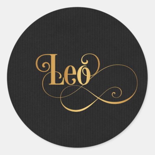 Swirly Script Zodiac Sign Leo Gold on Black Classic Round Sticker