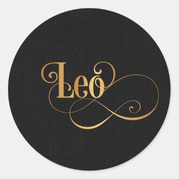 Swirly Script Zodiac Sign Leo Gold On Black Classic Round Sticker by Hakonart at Zazzle