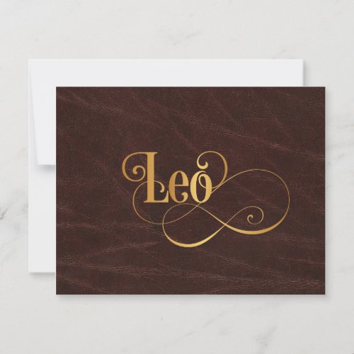 Swirly Script Zodiac Sign Leo Gold on Leather Invitation