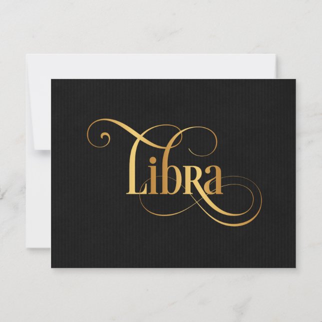 Swirly Script Zodiac Sign Libra Gold on Black Invitation (Back)