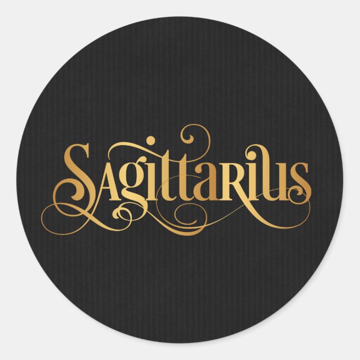 Swirly Script Zodiac Sign Sagittarius Gold Black Classic Round Sticker ...