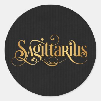 Swirly Script Zodiac Sign Sagittarius Gold Black Classic Round Sticker by Hakonart at Zazzle