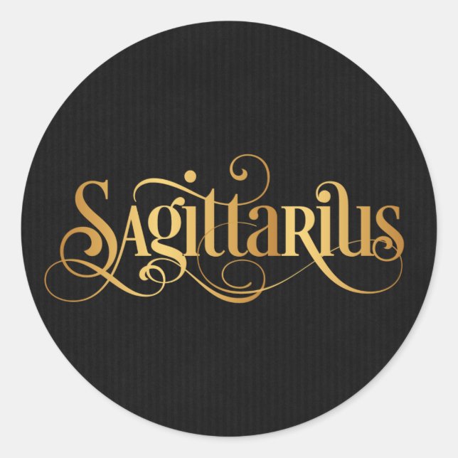 Swirly Script Zodiac Sign Sagittarius Gold Black Classic Round Sticker (Front)