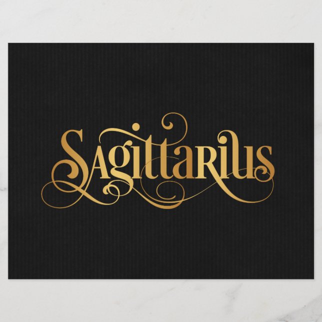 Swirly Script Zodiac Sign Sagittarius Gold Black Flyer (Front)