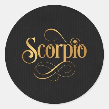 Swirly Script Zodiac Sign Scorpio Gold On Black Classic Round Sticker by Hakonart at Zazzle
