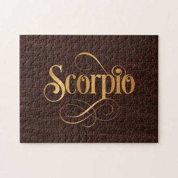 Swirly Script Zodiac Sign Scorpio Gold On Leather Jigsaw Puzzle by Hakonart at Zazzle