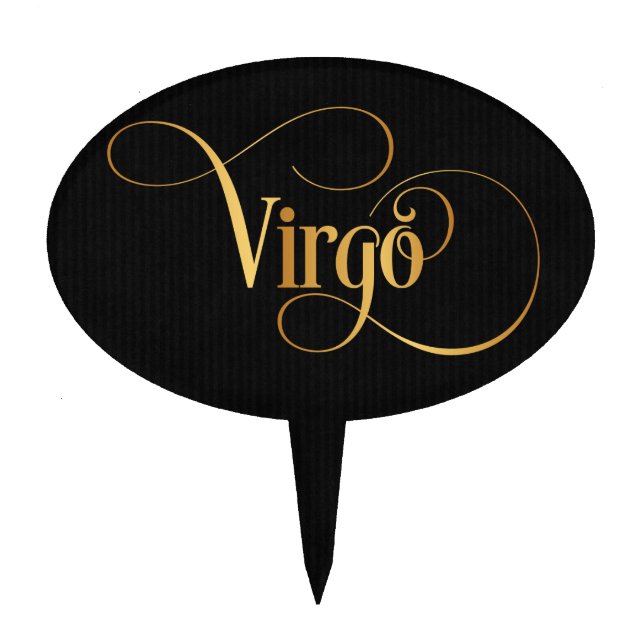 Swirly Script Zodiac Sign Virgo Gold on Black Cake Topper (Front)