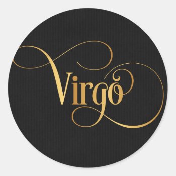 Swirly Script Zodiac Sign Virgo Gold On Black Classic Round Sticker by Hakonart at Zazzle