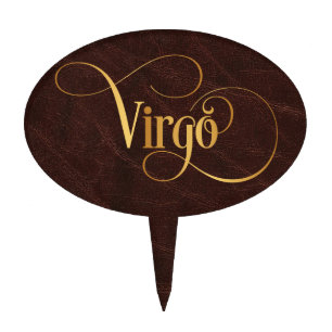 Swirly Script Zodiac Sign Virgo Gold on Leather Cake Topper