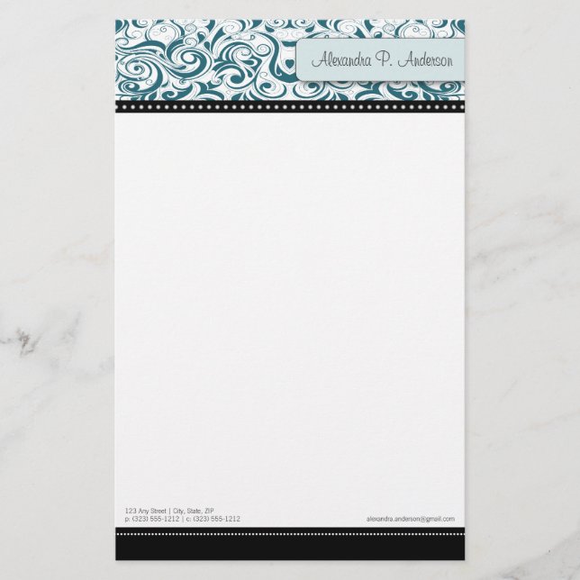Swirly Teal Boutique Designer Stationery (Front)