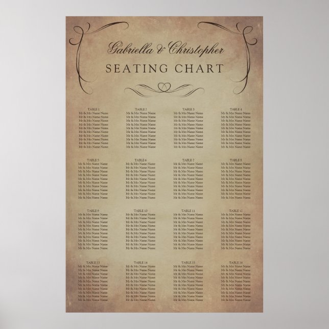 Swirly Vintage | Wedding Seating Chart 16 Table (Front)