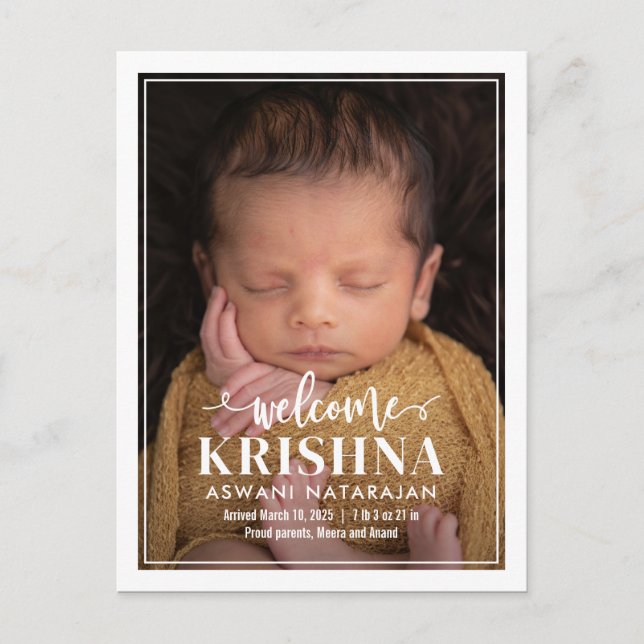 Swirly Welcome Modern Birth Announcement Postcard (Front)