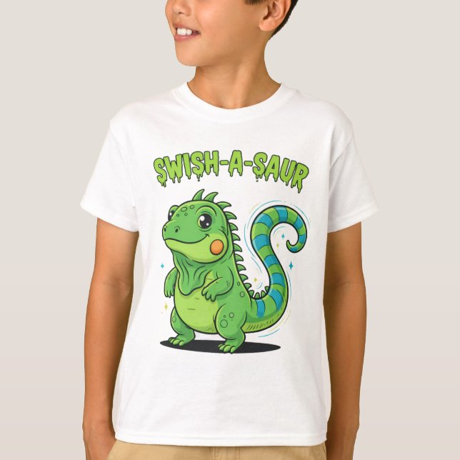 Swish-A-Saur Cute Iguana Dinosaur with Striped Swi T-Shirt (Front)