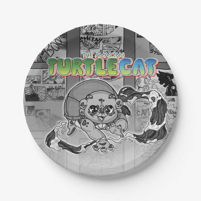 Swish-a-wssshh Actiony Turtlecat Manga Toned Paper Plates (Front)