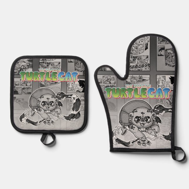 swish-a-wssshh actiony turtlecat mitt oven mitt & pot holder set (Front)
