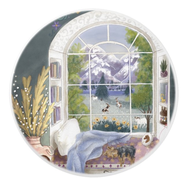 Swiss Alps Cozy Book Nook Ceramic Knob (Front)