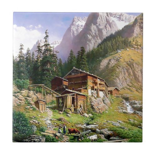 Swiss Alps Log Cabin painting Tile