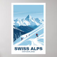 Swiss Alps Skiing, Switzerland Vintage Travel Art