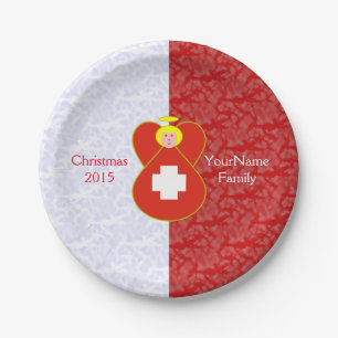 Swiss Angel Flag on Red and White Personalized Paper Plates