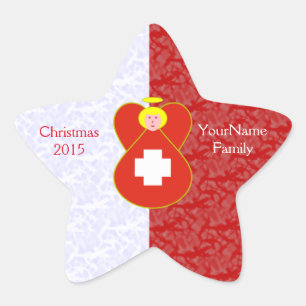 Swiss Angel Flag on Red and White Personalized Star Sticker