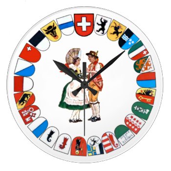 Swiss Cantons And Folk Dancers Large Clock by CoolCurves at Zazzle