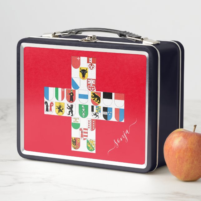 Swiss Cantons Flags Embedded on Swiss Flag  Metal Lunch Box (In Situ)