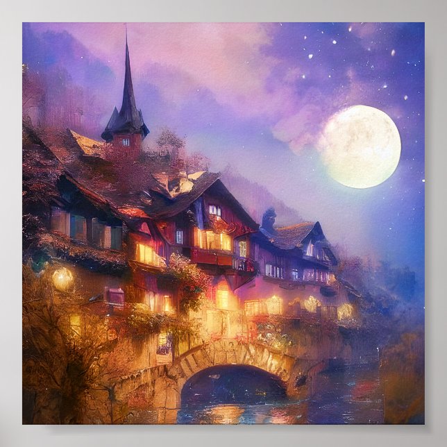 Swiss chalet and moon poster (Front)