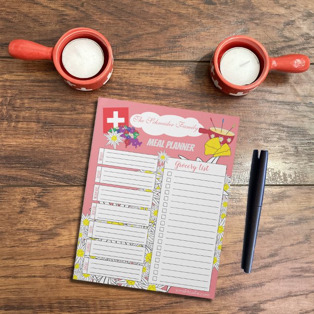 Swiss Cheese Fondue Edelweiss Meal Planner Notepad (Notepad on a table)