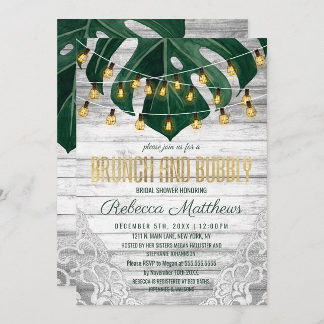 Swiss Cheese Leaf String Lights Lace Brunch Bubbly Invitation (Front/Back)