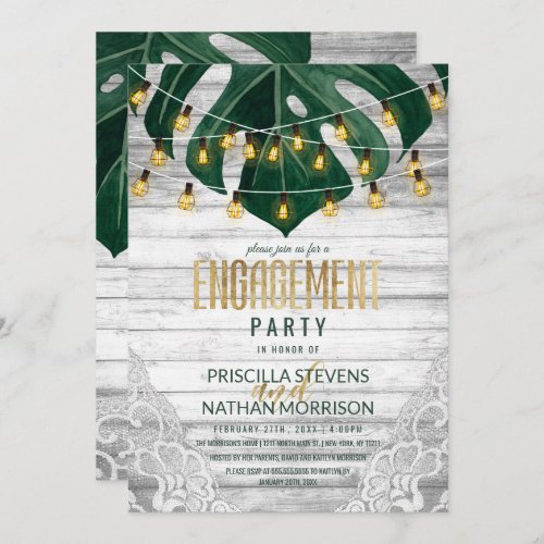 Swiss Cheese Leaf String Lights Lace Engagement Invitation