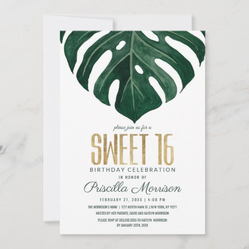 Swiss Cheese Leaf String Lights Lace Gold Sweet 16 Invitation