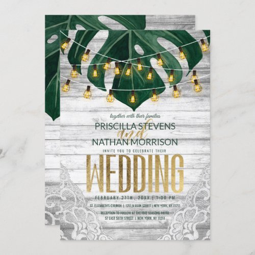 Swiss Cheese Leaf String Lights Lace Gold Wedding Invitation