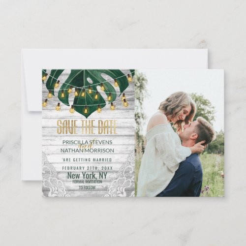 Swiss Cheese Leaf String Lights Lace Gold Wedding Save The Date