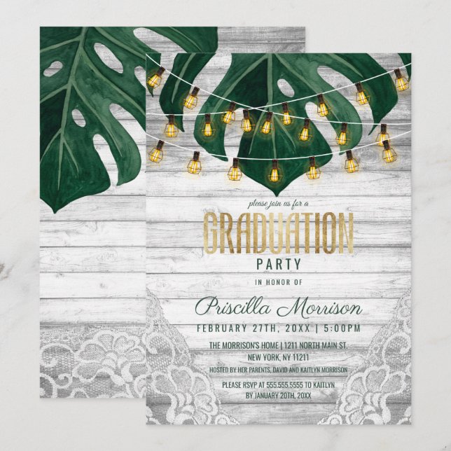 Swiss Cheese Leaf String Lights Lace Graduation Invitation (Front/Back)