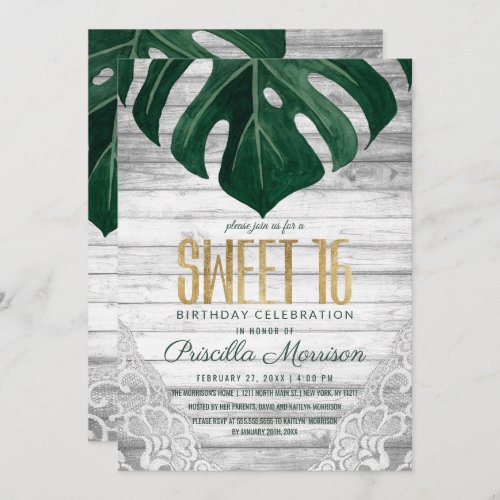 Swiss Cheese Leaf White Wood Lace Gold Sweet 16 Invitation