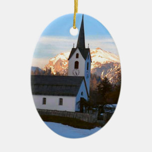 Swiss church in the mountains ceramic ornament