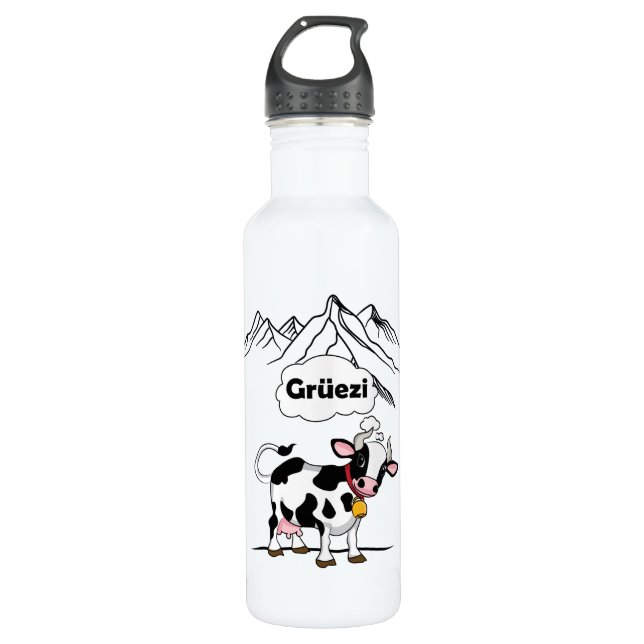 Swiss Cow - Grüezi - Switzerland Travel Stainless Steel Water Bottle (Front)