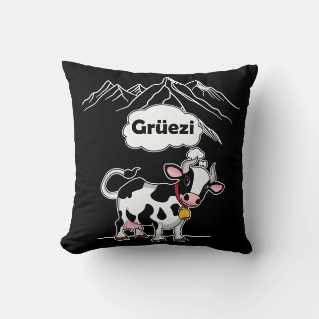 Swiss Cow - Grüezi - Switzerland Travel Throw Pillow (Front)