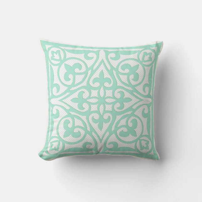 Swiss dot cutwork over linen - aqua throw pillow (Front)