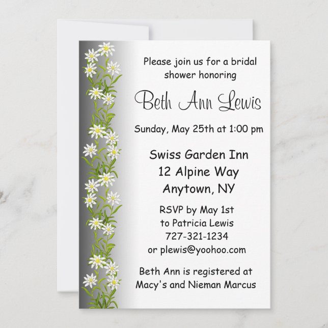 Swiss Edelweiss Flowers Bridal Shower Invitation (Front)