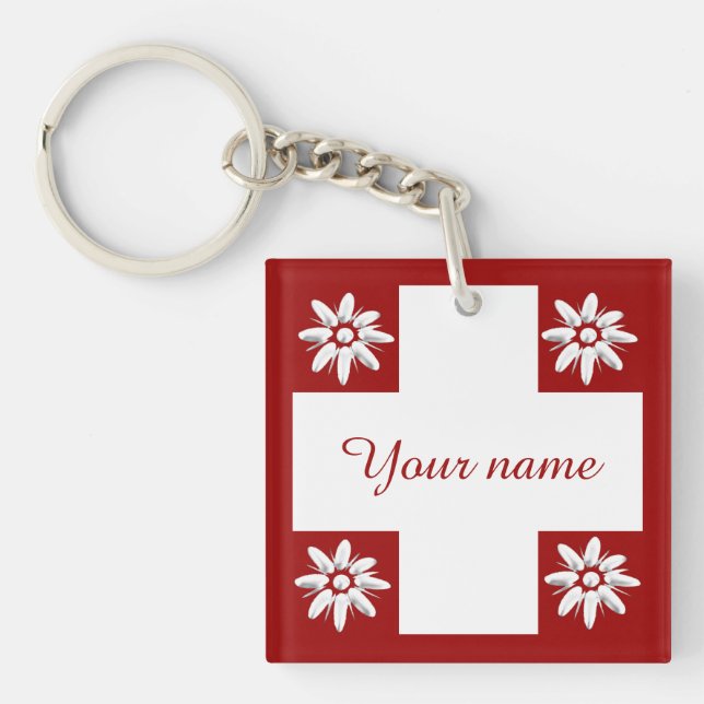 Swiss flag and edelweiss keychain (Front)
