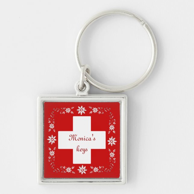 Swiss flag and edelweiss keychain (Front)