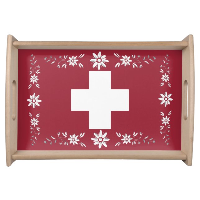 Swiss flag and edelweiss serving tray (Front)