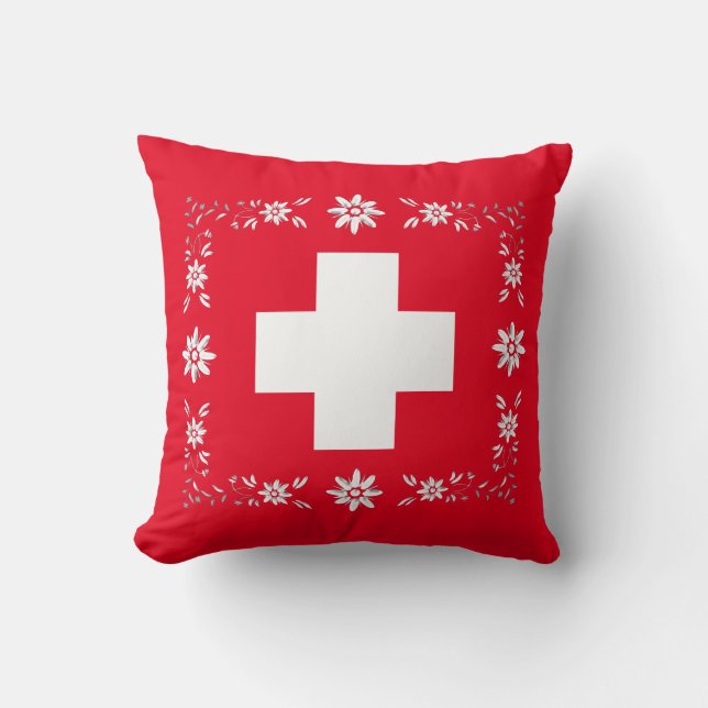 Swiss flag and edelweiss throw pillow (Front)