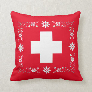 Swiss flag and edelweiss throw pillow